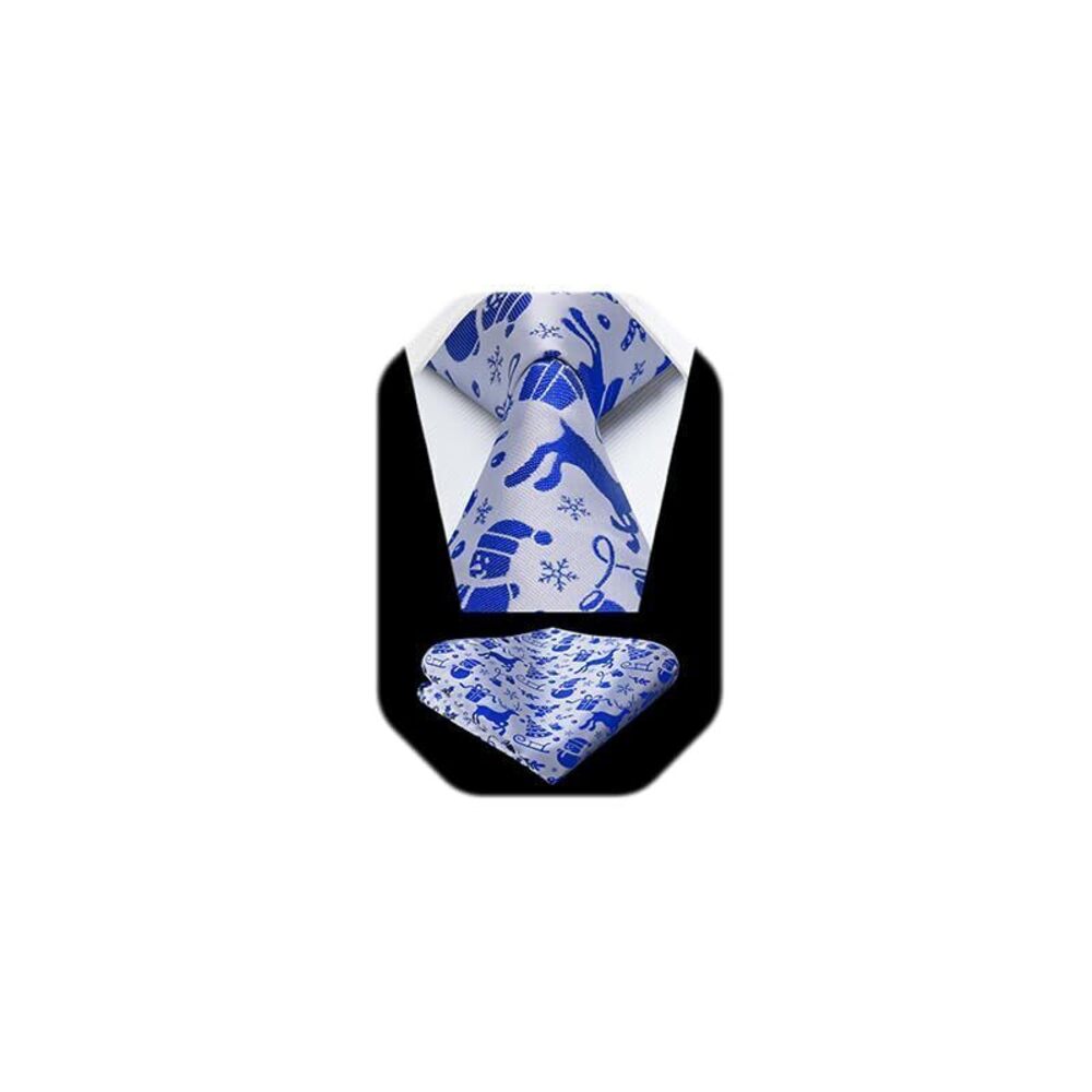 4665 Christmas Ties Blue Grey Tie and Pocket Square Holiday Season Snowman
